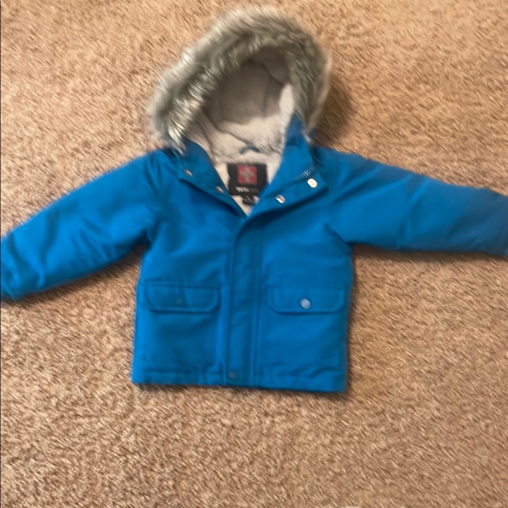 Swiss Tech Blue and Gray Puffer Jacket with Faux Fur Hood